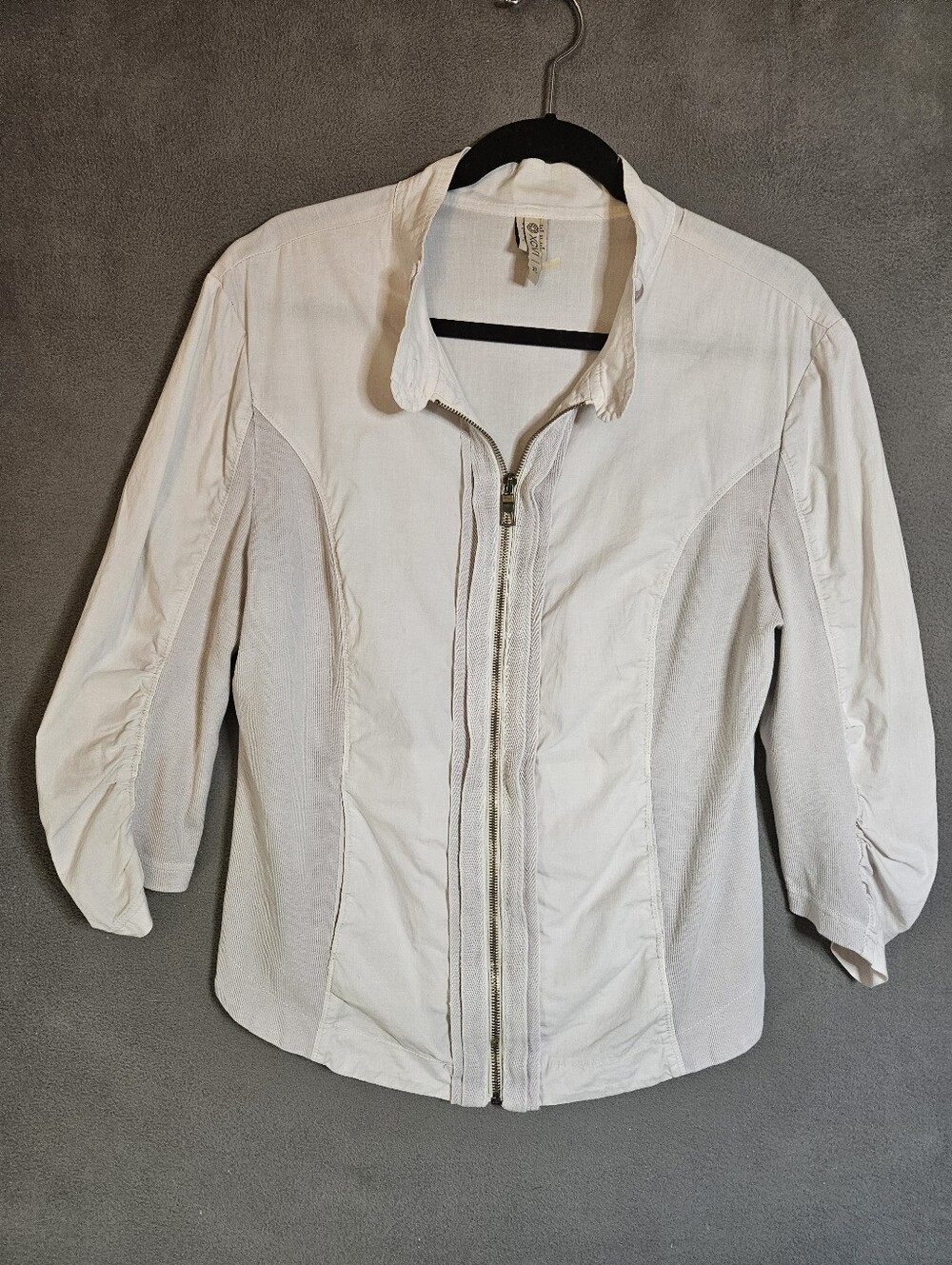 XCVI White Ruched Zip Up Jacket Womens XL 3/4 Sleeve Cotton Blend Boho